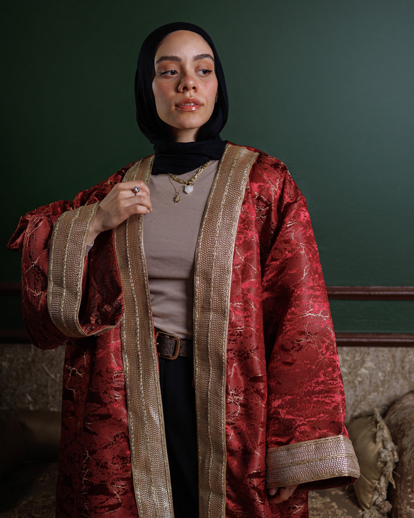 Jacquard Ramadan Kaftan - Metallic Burgundy